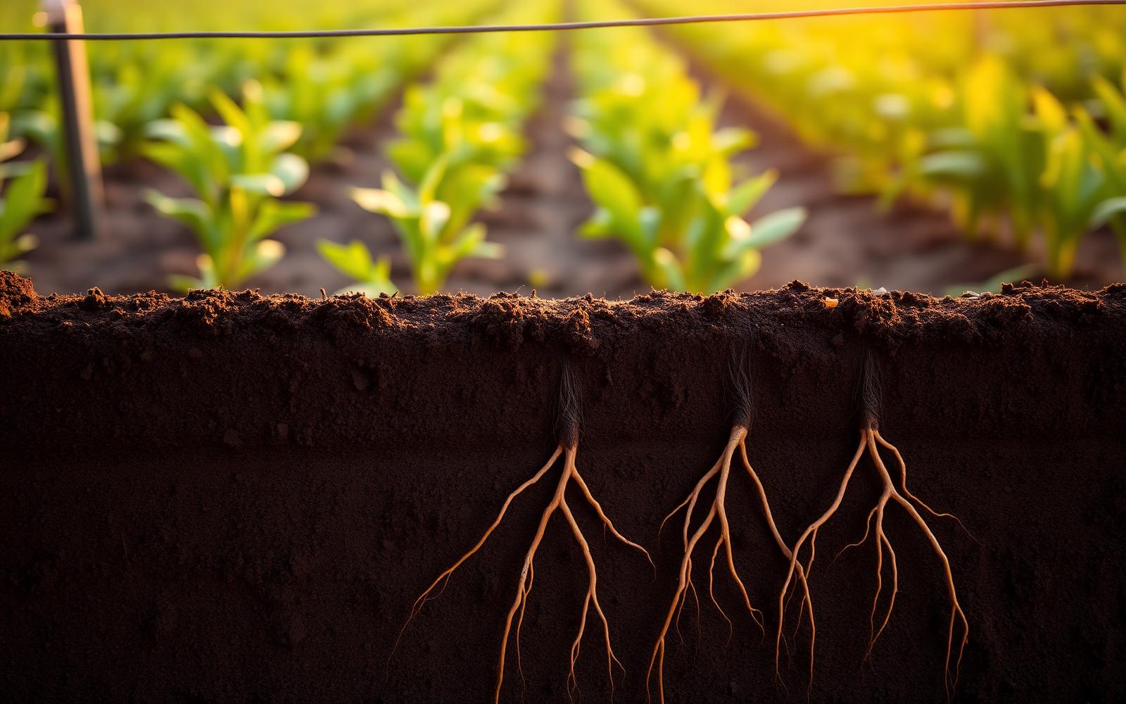 Cross section of soil showing deep plant roots in a crop field